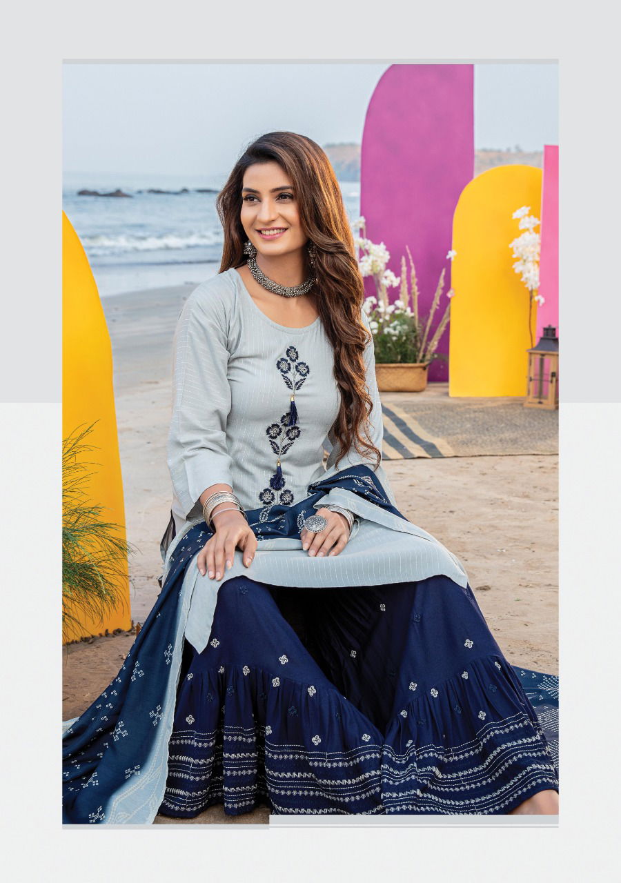 Wanna Shamiya Fancy Festive Wear Rayon Latest Kurti With Sharara And Dupatta Collection
