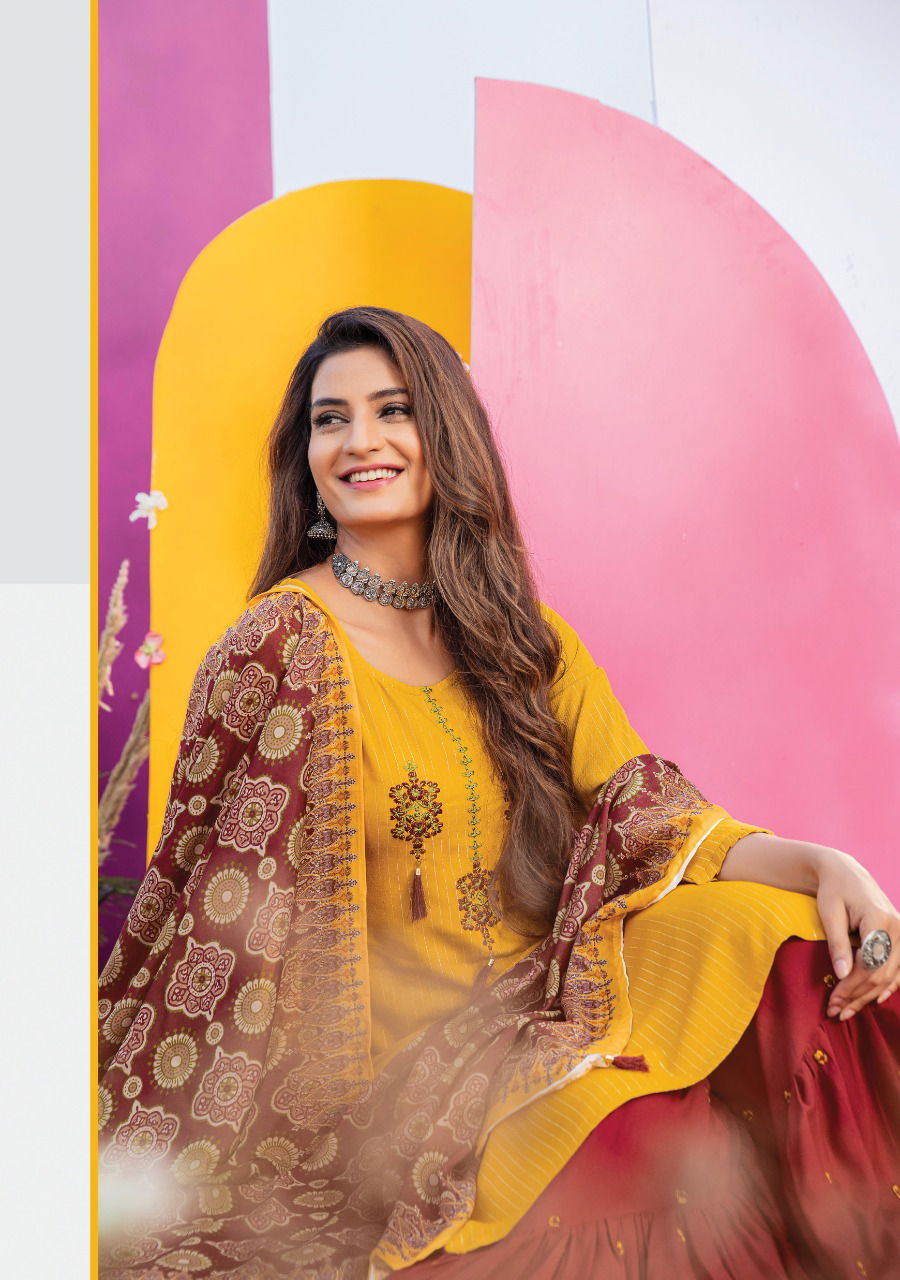 Wanna Shamiya Fancy Festive Wear Rayon Latest Kurti With Sharara And Dupatta Collection