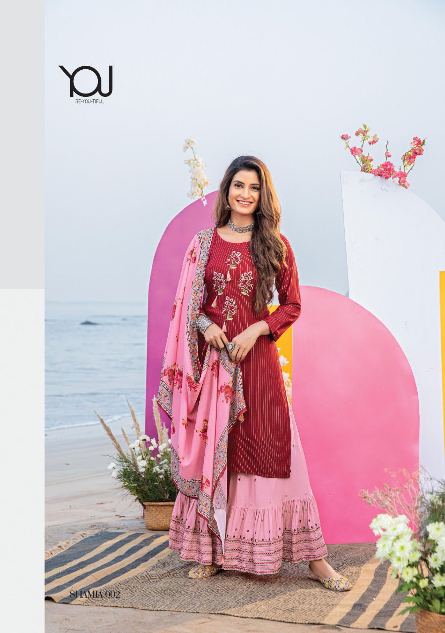 Wanna Shamiya Fancy Festive Wear Rayon Latest Kurti With Sharara And Dupatta Collection