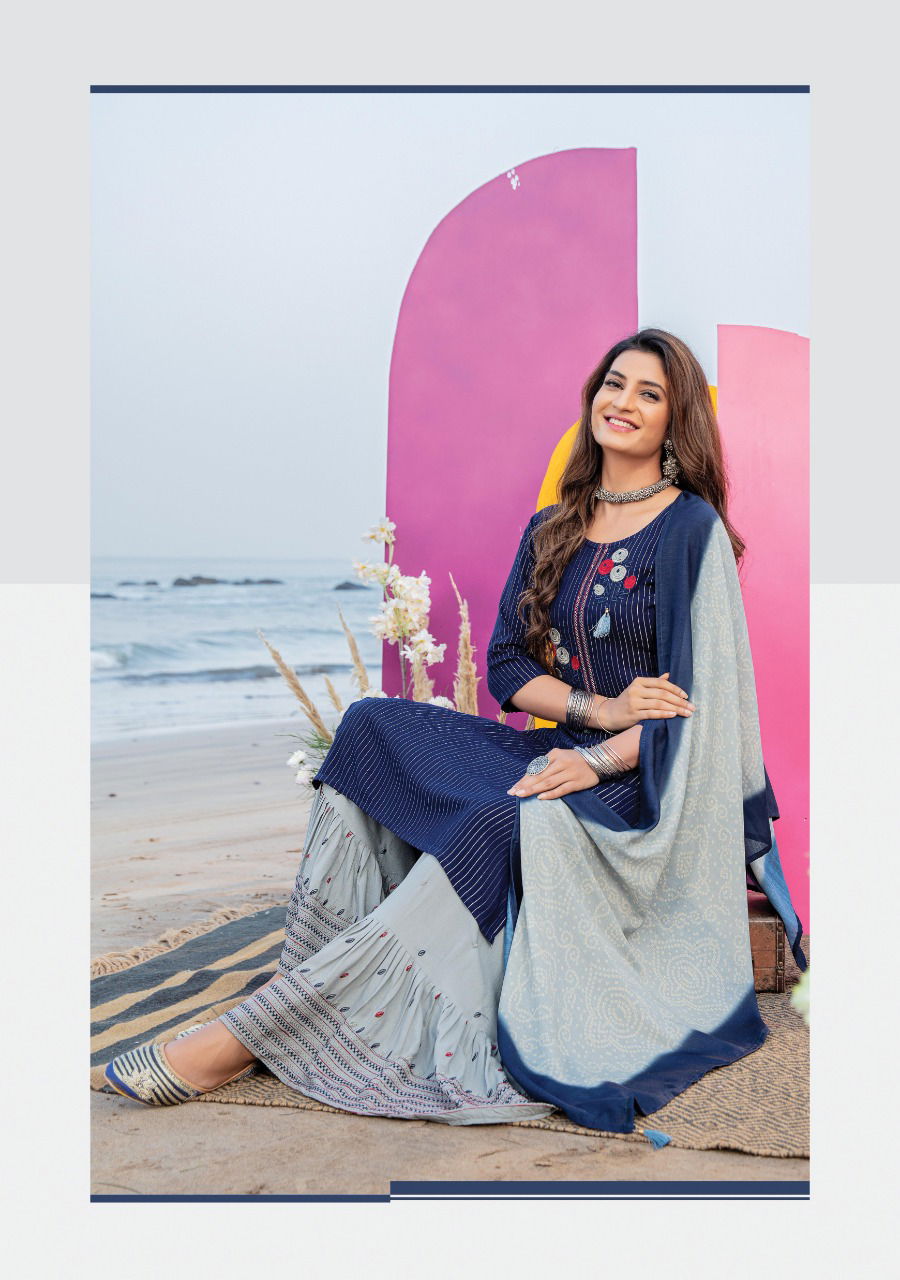 Wanna Shamiya Fancy Festive Wear Rayon Latest Kurti With Sharara And Dupatta Collection