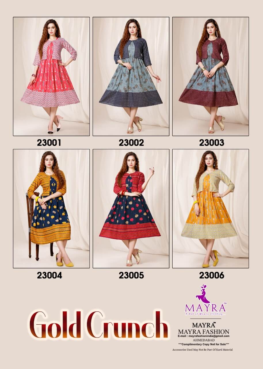 Mayra Gold Crunch Fancy Ethnic Wear Rayon Printed Anarkali Kurti Collection
