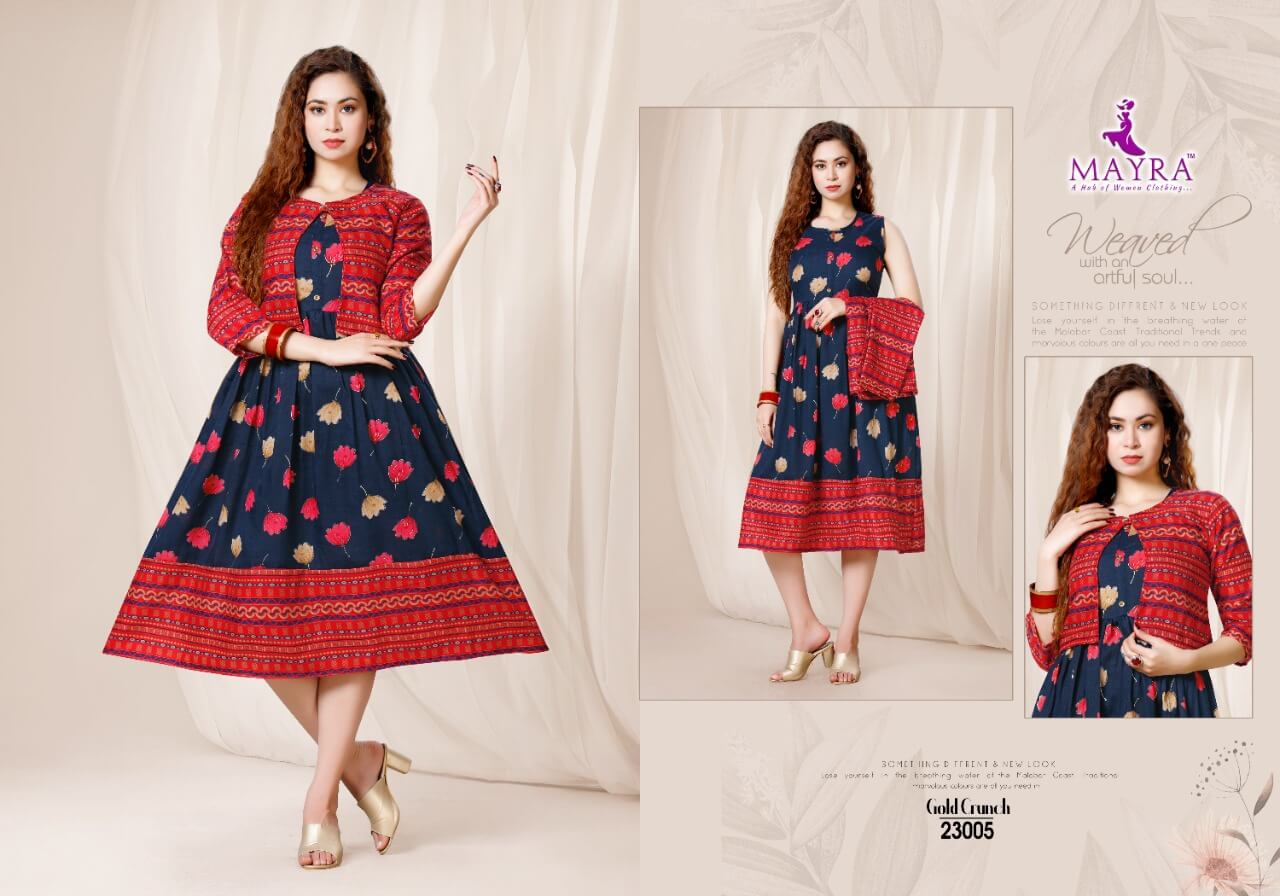 Mayra Gold Crunch Fancy Ethnic Wear Rayon Printed Anarkali Kurti Collection