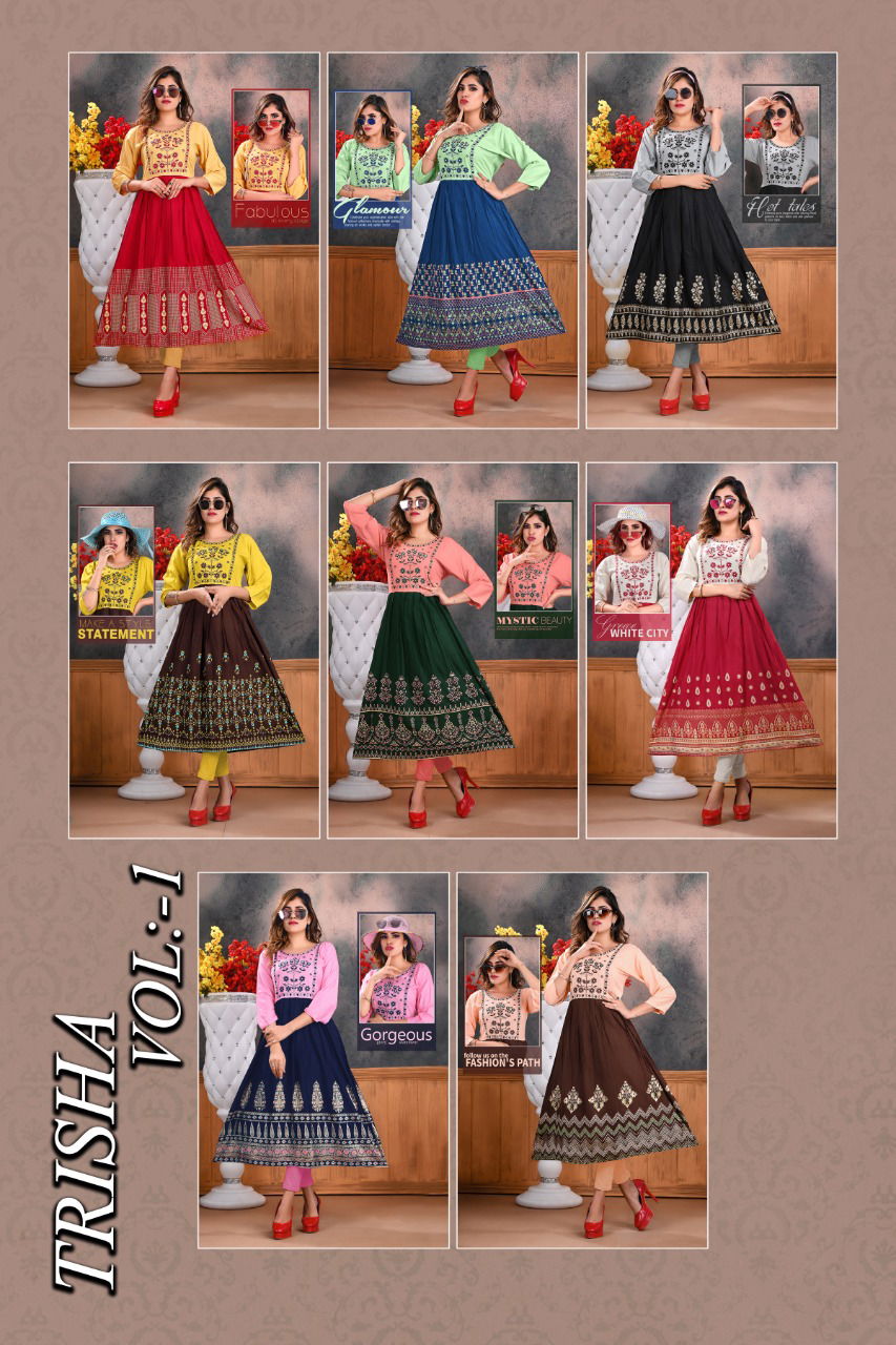 Trendy Trisha 1 Latest Designer Ethnic Wear Rayon Embroidery Anarkali Kurti Collection
