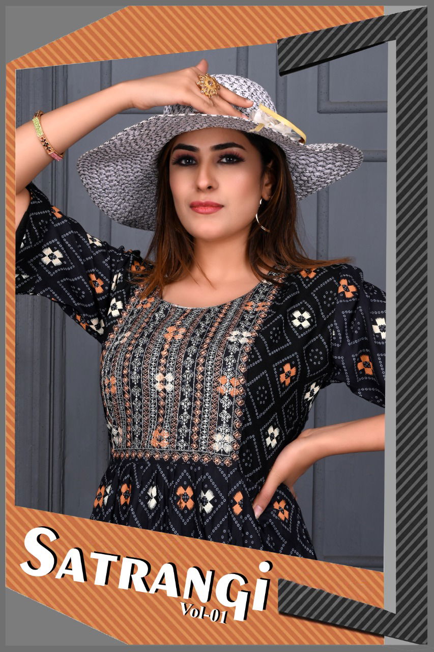 Satrangi 1 Fancy Festive Wear Rayon Printed Anarkali Kurti Collection