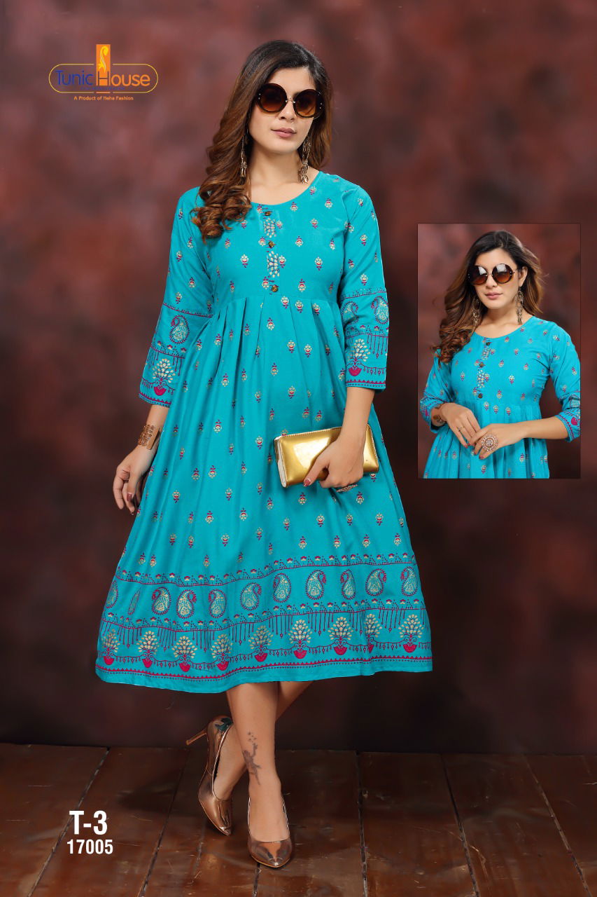 Tunic House T-3 Fancy Designer Ethnic Wear Rayon Printed Anarkali Kurti Collection