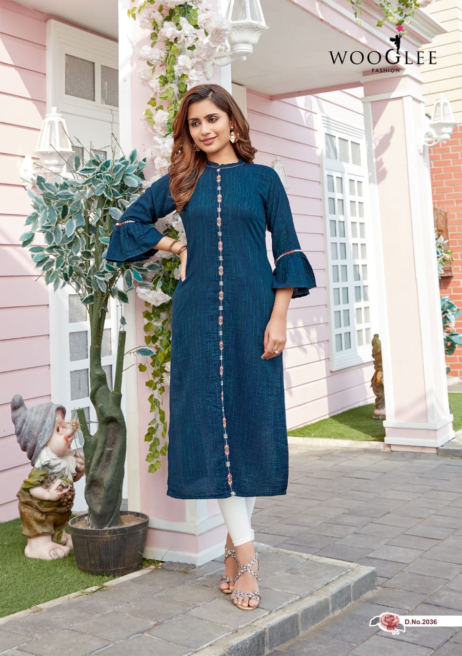 Wooglee Barbella 5 latest fancy Festive Wear Rayon Viscose Designer Kurtis Collection