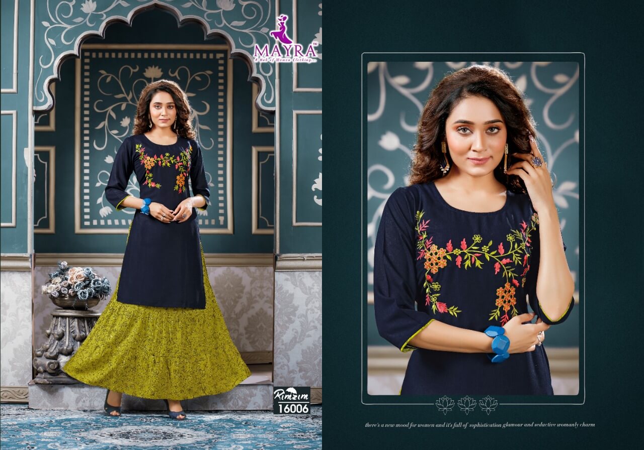 Mayra Rim Zim Heavy Festive Wear Rayon Printed Kurti With Skirt Collection