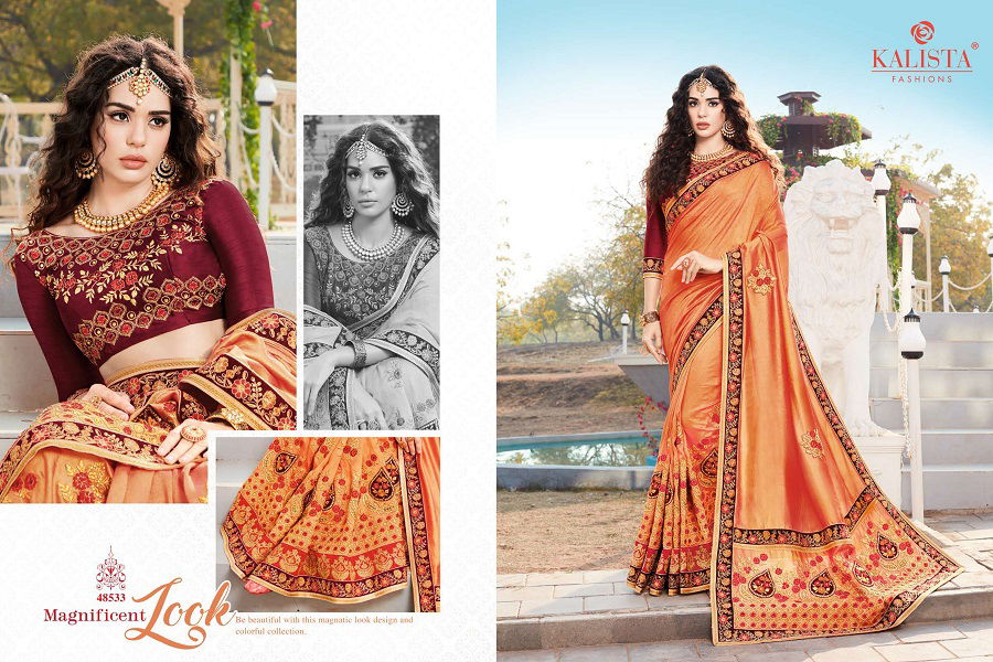 Kalista Nagma Latest Fancy Heavy Festive Wear vichitra silk Embroidery Worked Sarees Collection
