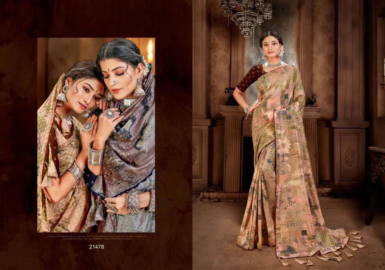 5D DESIGNER BAASURI Latest fancy Designer Casual wear Twill Silk Digital Print With Foil Printed Saree Collection 
