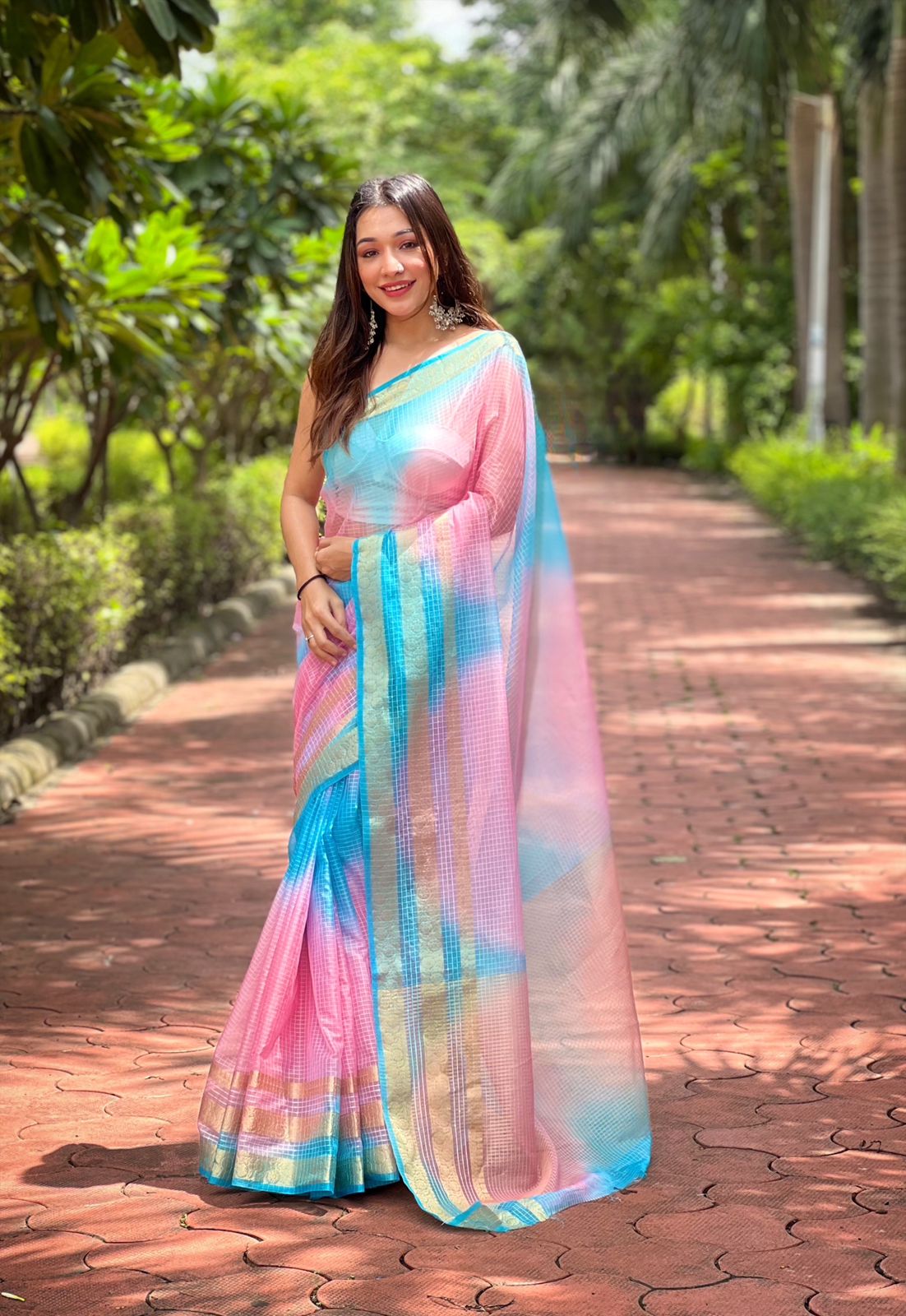 Wow Organza Kerala Checks Printed Sarees Exporters In India