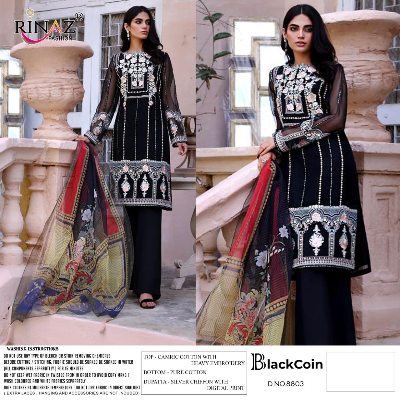 Rinaz Black Coin Festival Wear Cambric Cotton Pakistani Salwar Kameez Collection
