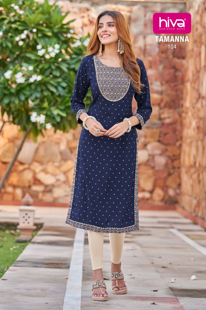 Hiva Tamanaa Ethnic Wear Rayon Embroidery Work Latest Kurti Collection