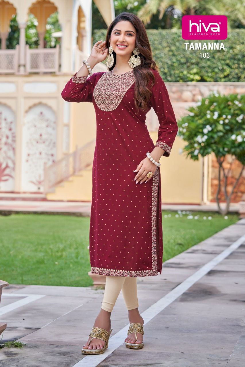 Hiva Tamanaa Ethnic Wear Rayon Embroidery Work Latest Kurti Collection