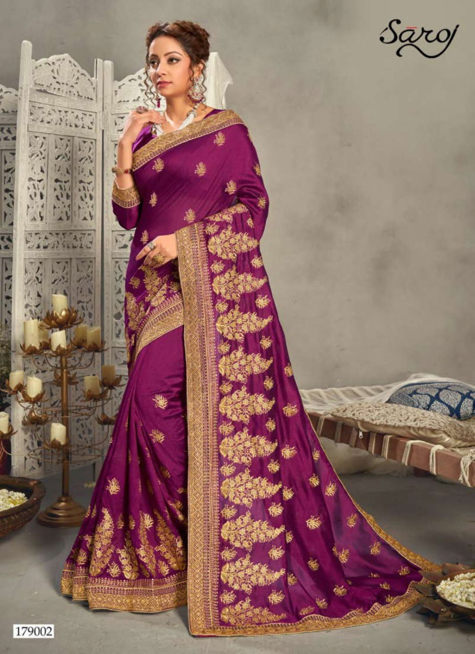 SAROJ VIDHA Latest Fancy Designer Heavy Festive Wear Vichitra Silk With Heavy Embroidery and Diamonds Work and Butti Saree Collection