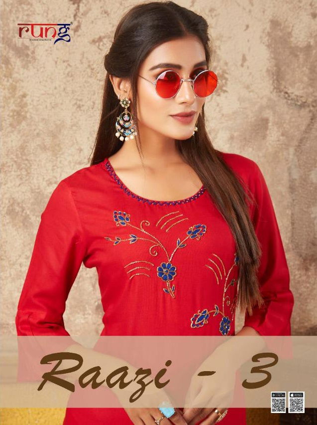 Rung Razzi 3 Latest Designer Party Wear Festive Wear Straight Line Embroidery Work Kurtis Collection  