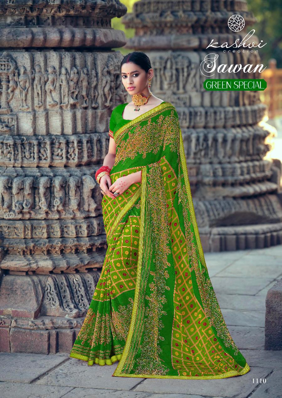 Kashvi Sawan Green Casual Wear Printed Designer Chiffon Saree Collection
