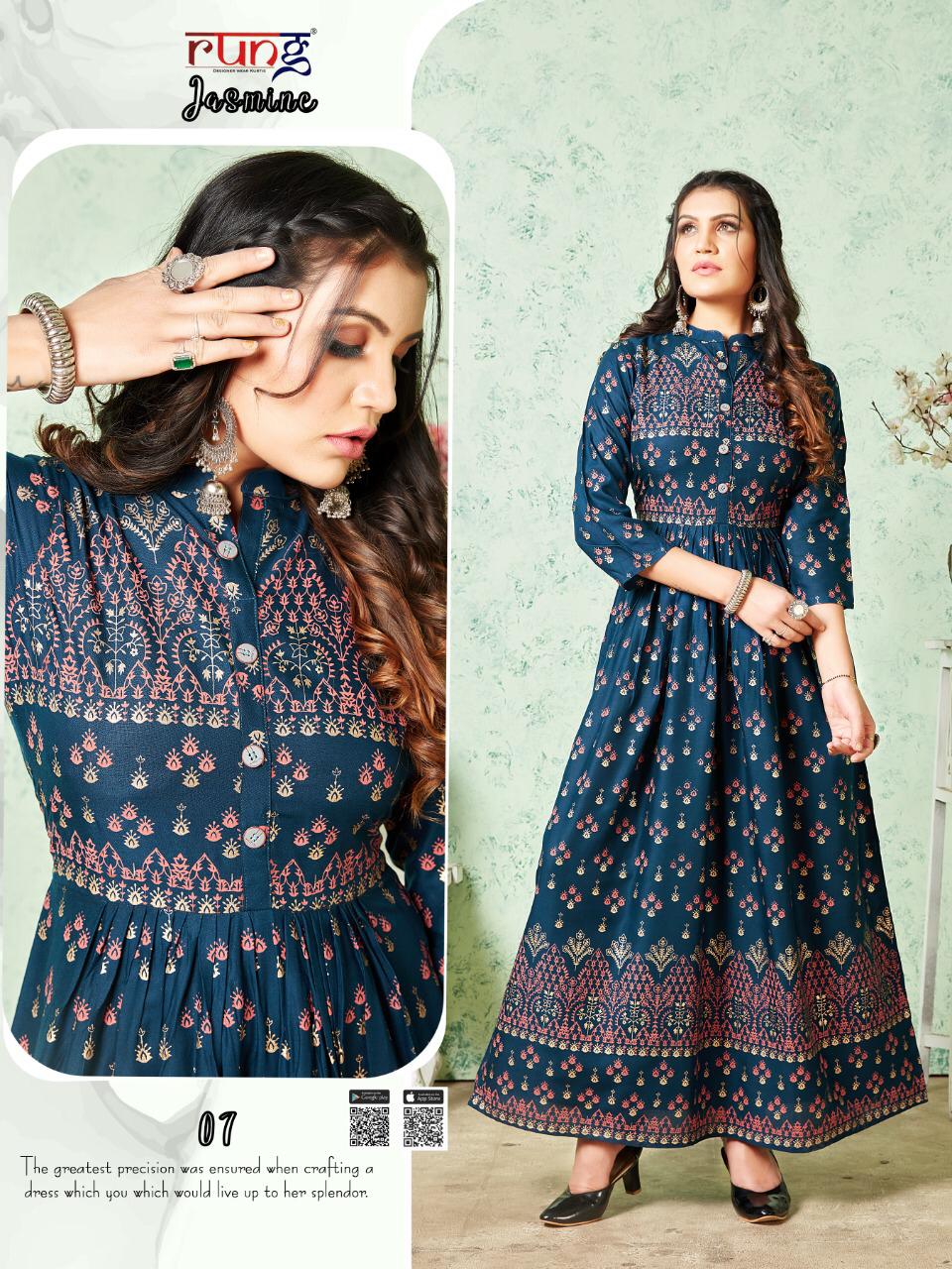 Rung Jasmine Latest Fancy Designer Casual Wear Rayon Gold Print Long Kurtis Collection
