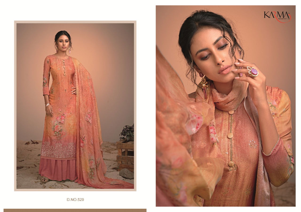 Karma Azaa 529 to 534 Series Pure Silk Jacquard Digital Print Embroidered Work Dress with Dupatta Materials Collection