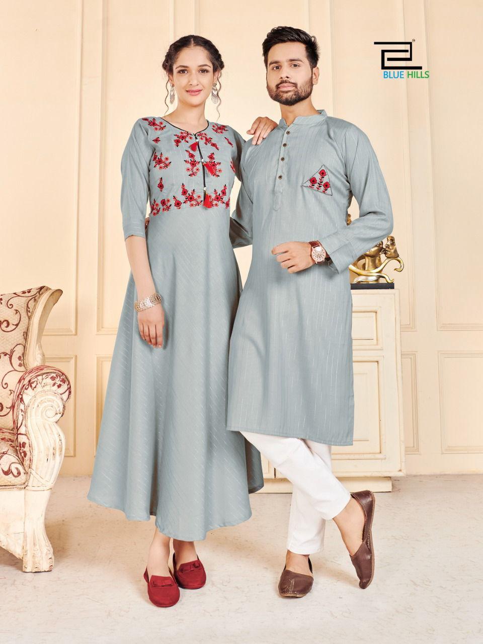 Blue Hills Love Birds Designer Party Wear Rayon Couple Kurta Latest Combo Collection
