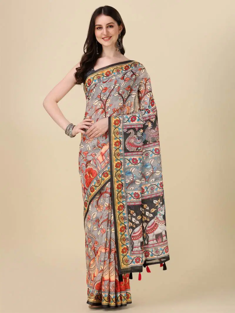 Kz Kalamkari Saree 1 Lilen Zari Patta Digital Kalamkari Printed Saree Suppliers In India