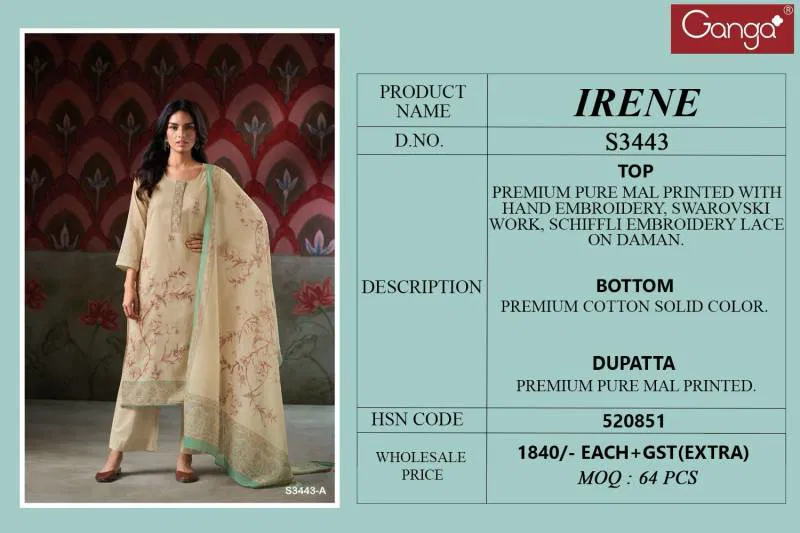 Ganga Irene Mal Printed With Hand Embroidered Salwar Suit Wholesale Market In Surat