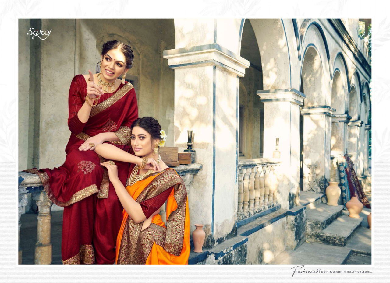Saroj Tanvi Latest Fancy Festive Wear Designer Vichitra Silk With Beautiful Swarovski Butta And Banarasi Border Saree Collection

