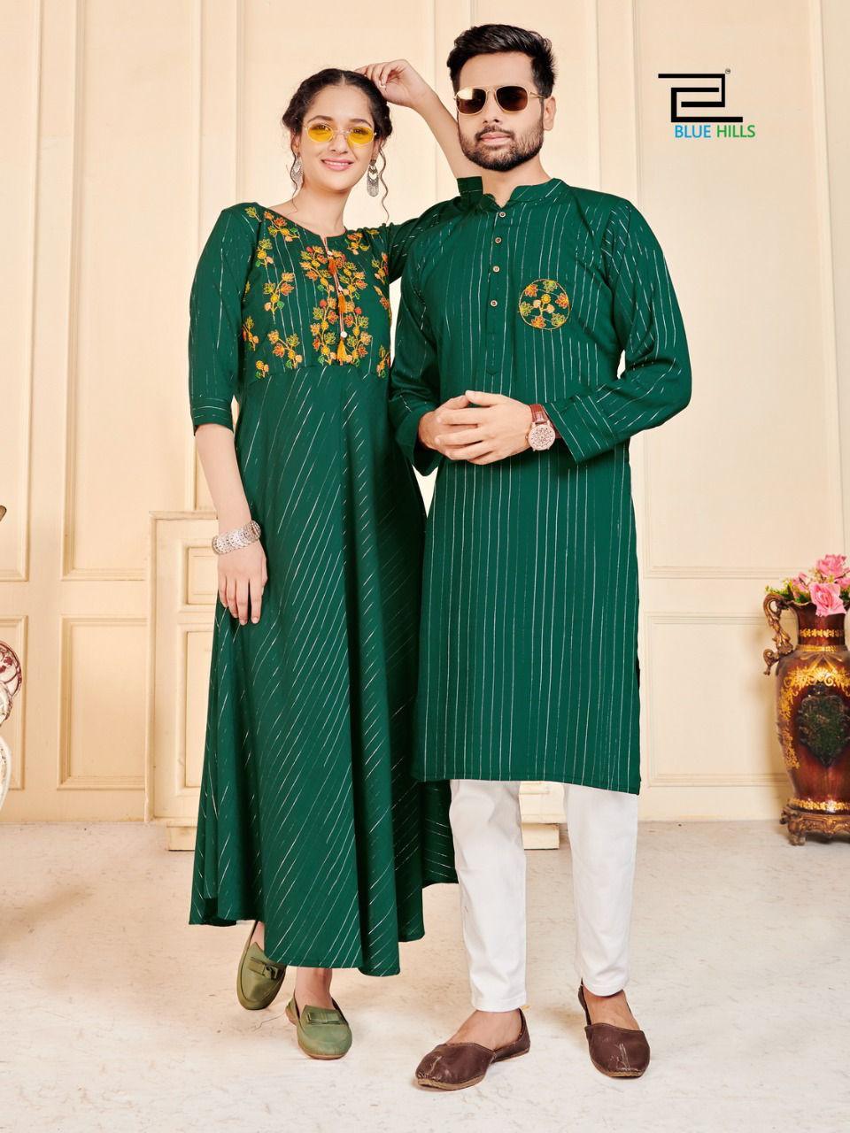 Blue Hills Love Birds Designer Party Wear Rayon Couple Kurta Latest Combo Collection
