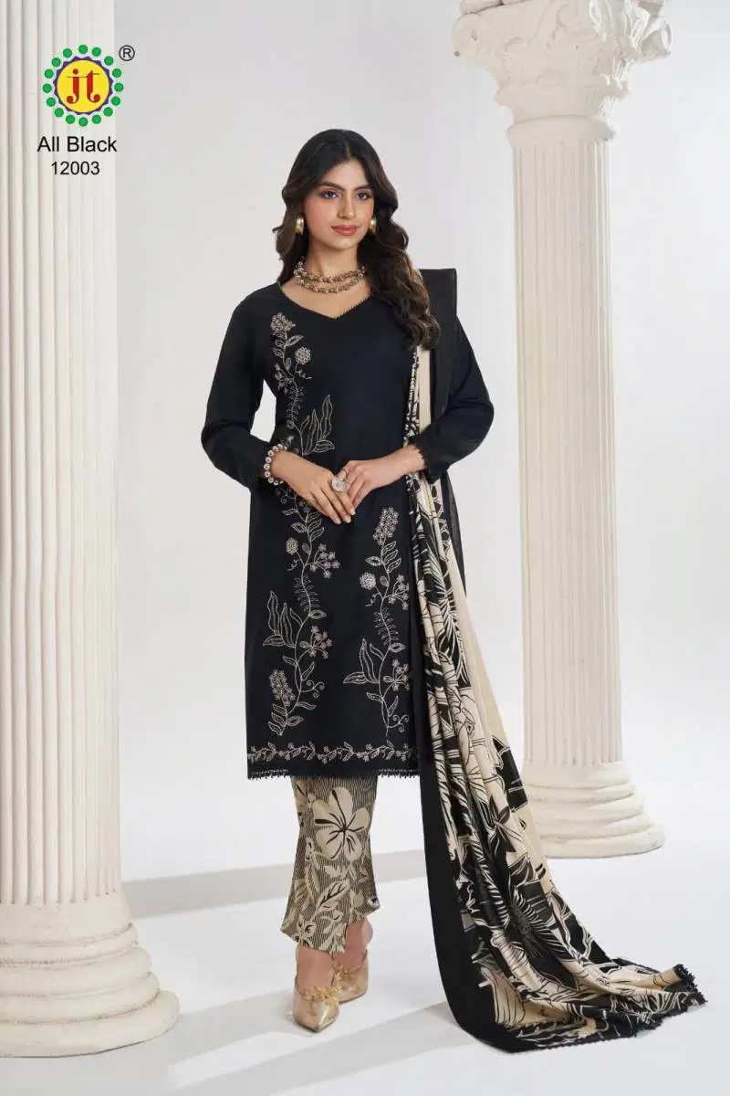 Jt All Black Vol 12 Rayon Embroidered Dress Material Wholesale In India