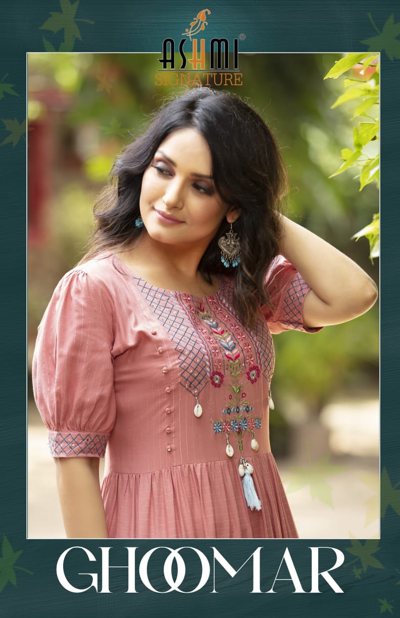 Ashmi Ghoomar New Exclusive Wear Rayon Long Designer Anarkali Kurti Collection