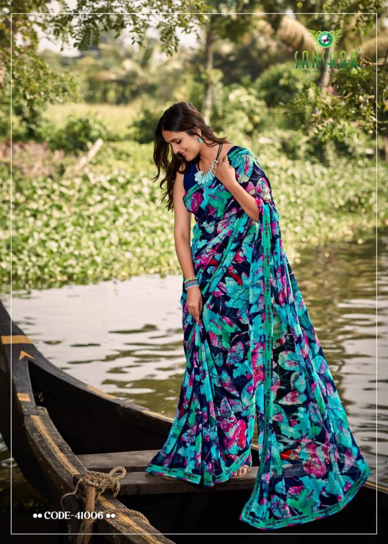 Sangeet By Sanskar Bember Georgette Embroidered Saree Wholesale Online