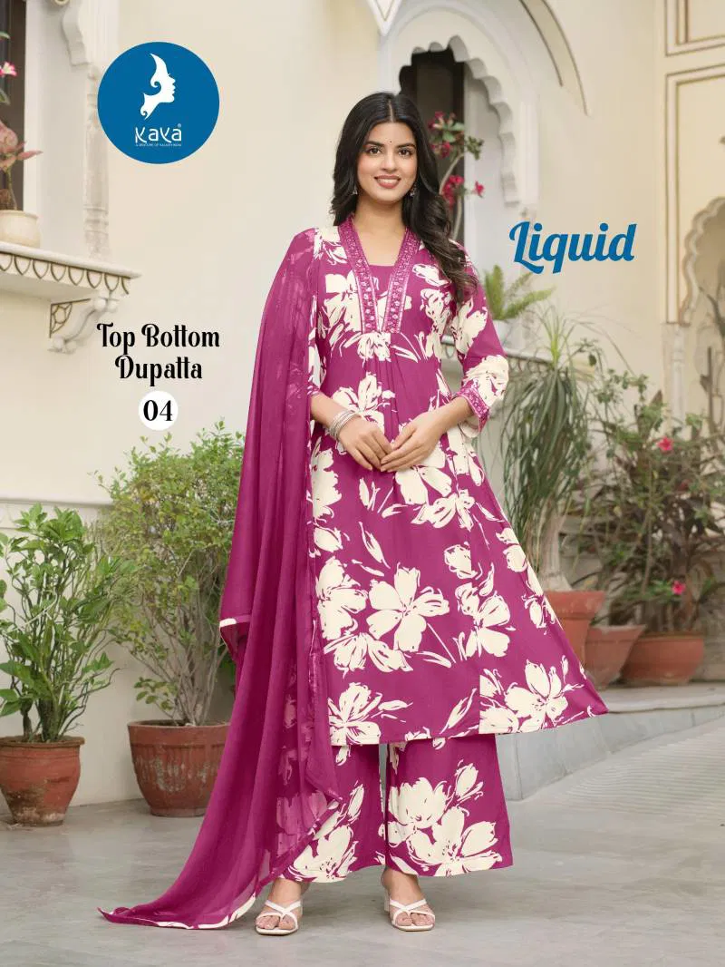 Liquid By Kaya Rayon Printed Kurti Pant With Dupatta Wholesalers Distributors In India