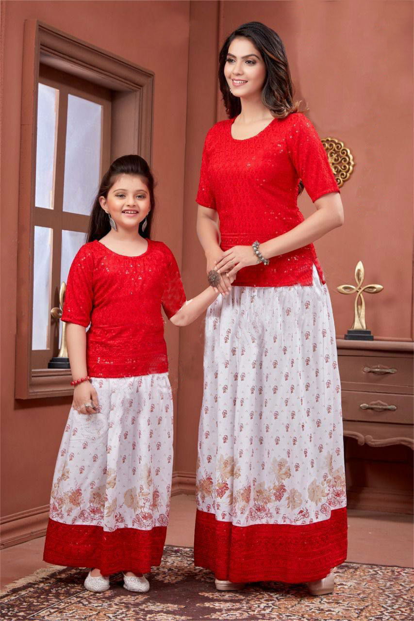 Lovely 01 Mother Daughter Combo Fancy Wear Printed Rayon Kurti With Skirt Collection