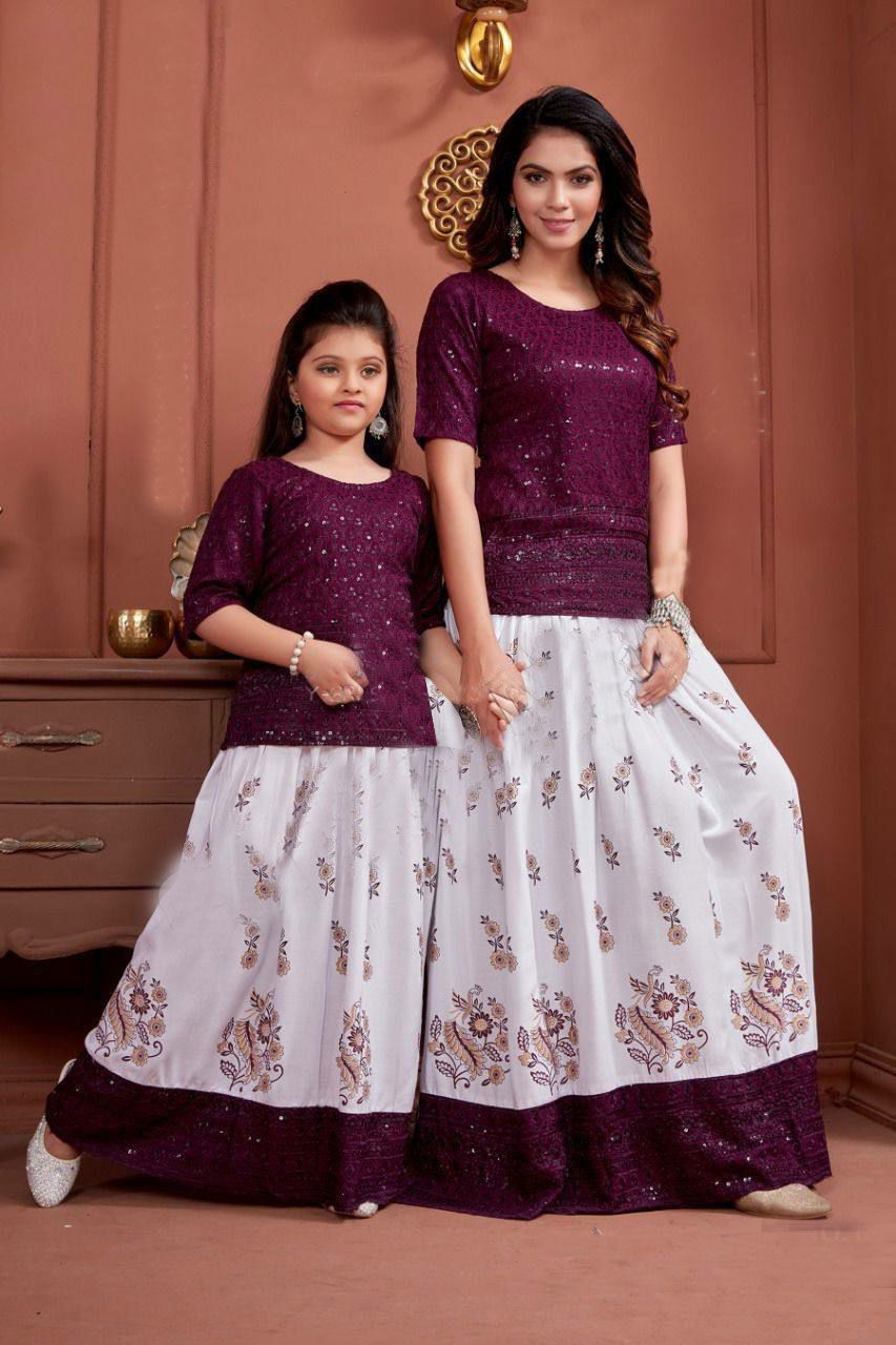Lovely 01 Mother Daughter Combo Fancy Wear Printed Rayon Kurti With Skirt Collection
