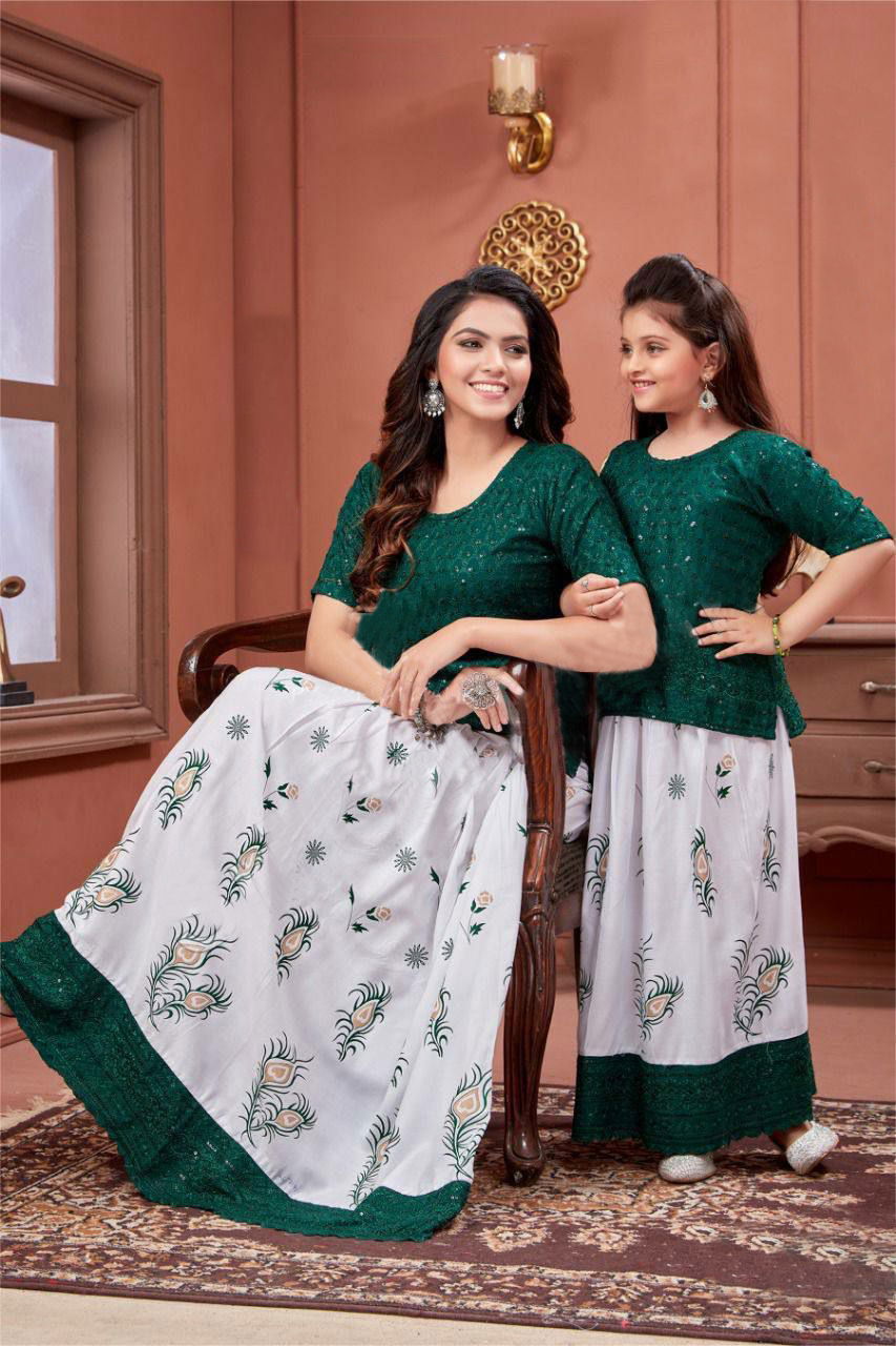 Lovely 01 Mother Daughter Combo Fancy Wear Printed Rayon Kurti With Skirt Collection