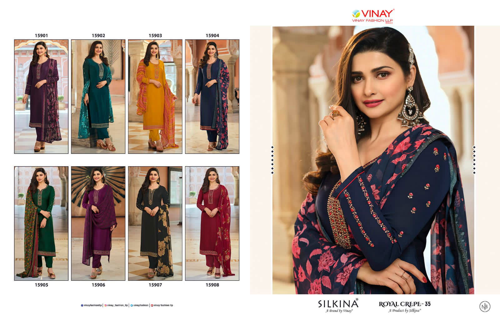 Vinay Silkina Royal Crepe 35 New Designer Festive Wear Embroidery Salwar Suits Collection