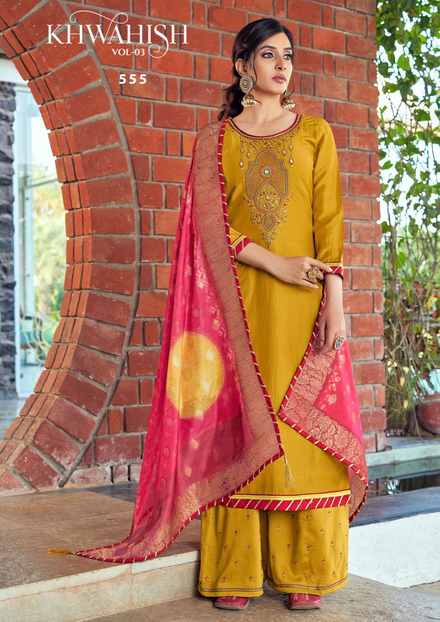 Triple Aaa Khwahish 3 Latest Fancy Designer Regular Casual Wear prampara silk with khatli work neck Dress Material Collection
