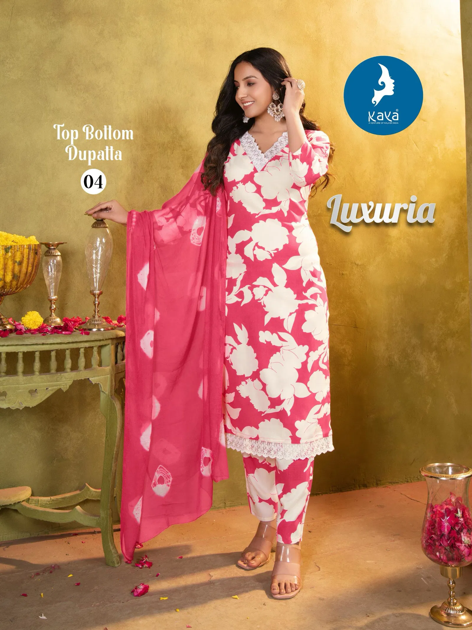 Luxuria By Kaya Rayon Printed Kurti With Bottom Dupatta Wholesale Price