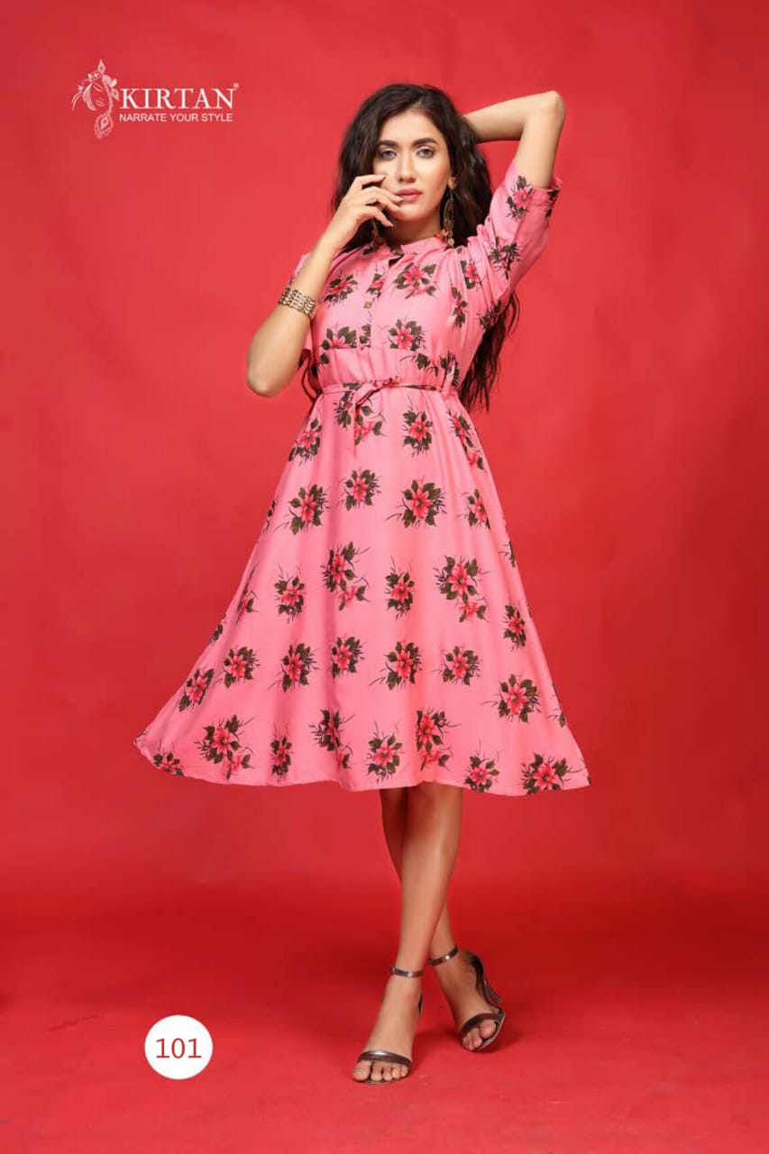 Kirtan Kanika Fancy Designer Casual Wear Rayon Printed Anarkali Kurtis Collection
