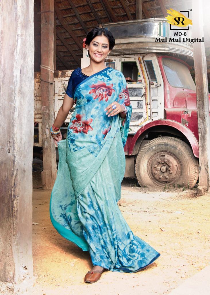 Sr Mulmul Digital Exclusive Designer Digital Printed Party Wear Satin Saree Collection 