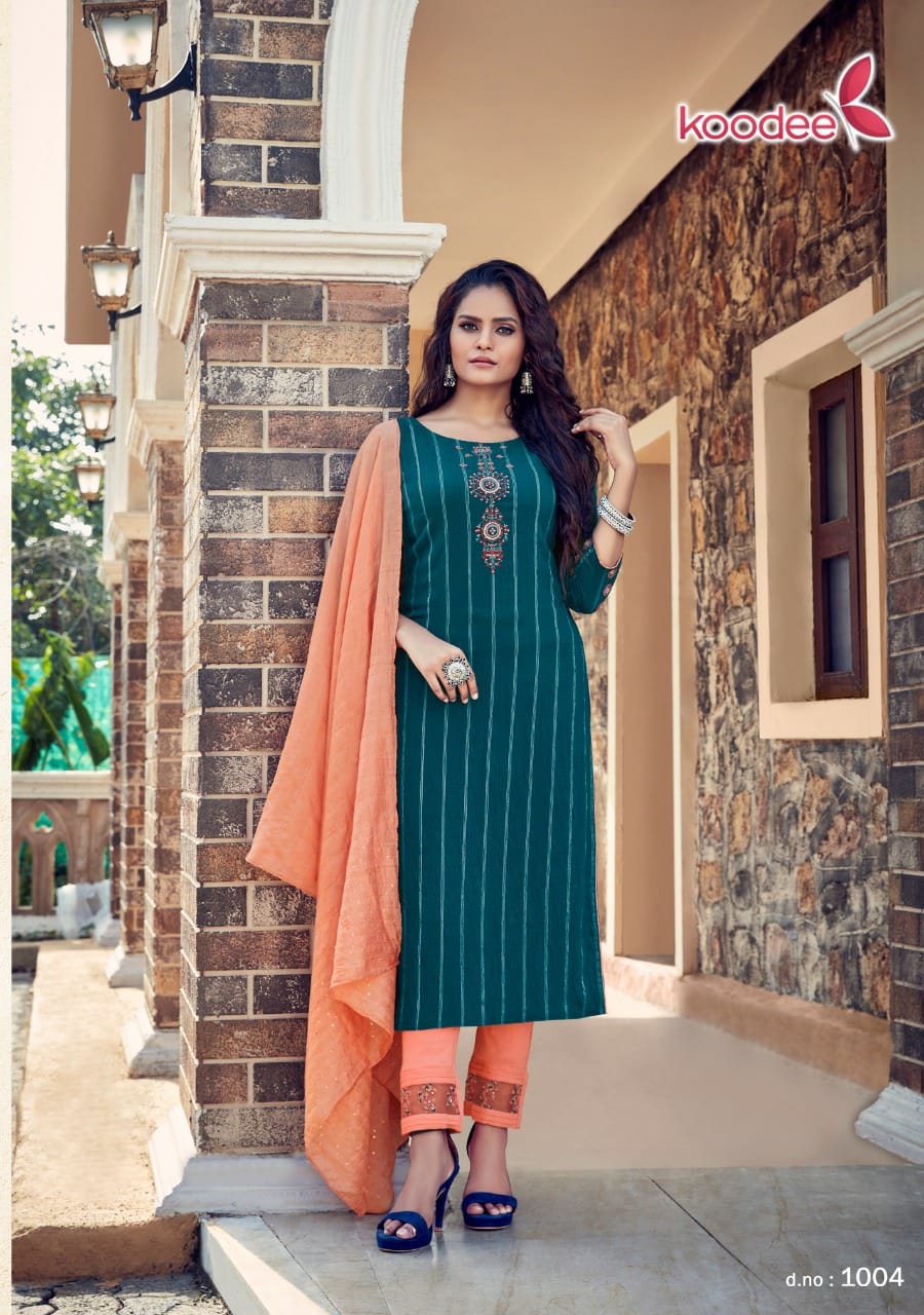 Koodee Saheli 11 Fancy Festive Wear Pure Nylon Viscose With Stripe Embroidered Ready Made Collection

