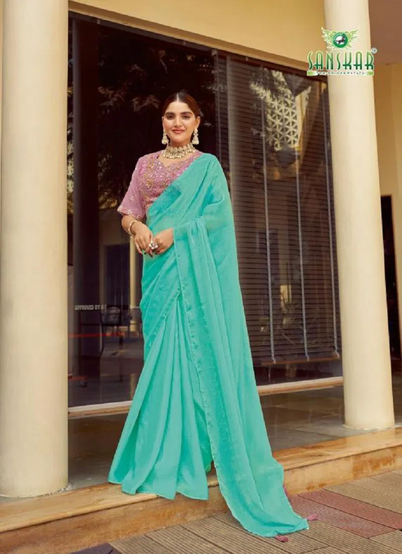 New Arrival By Sanskar Simar Chiffon With Contrast Embroidery Saree Wholesale In India
