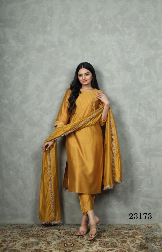 Indira 23173 Yellow Pure chanderi silk Kurti With Bottom Dupatta
