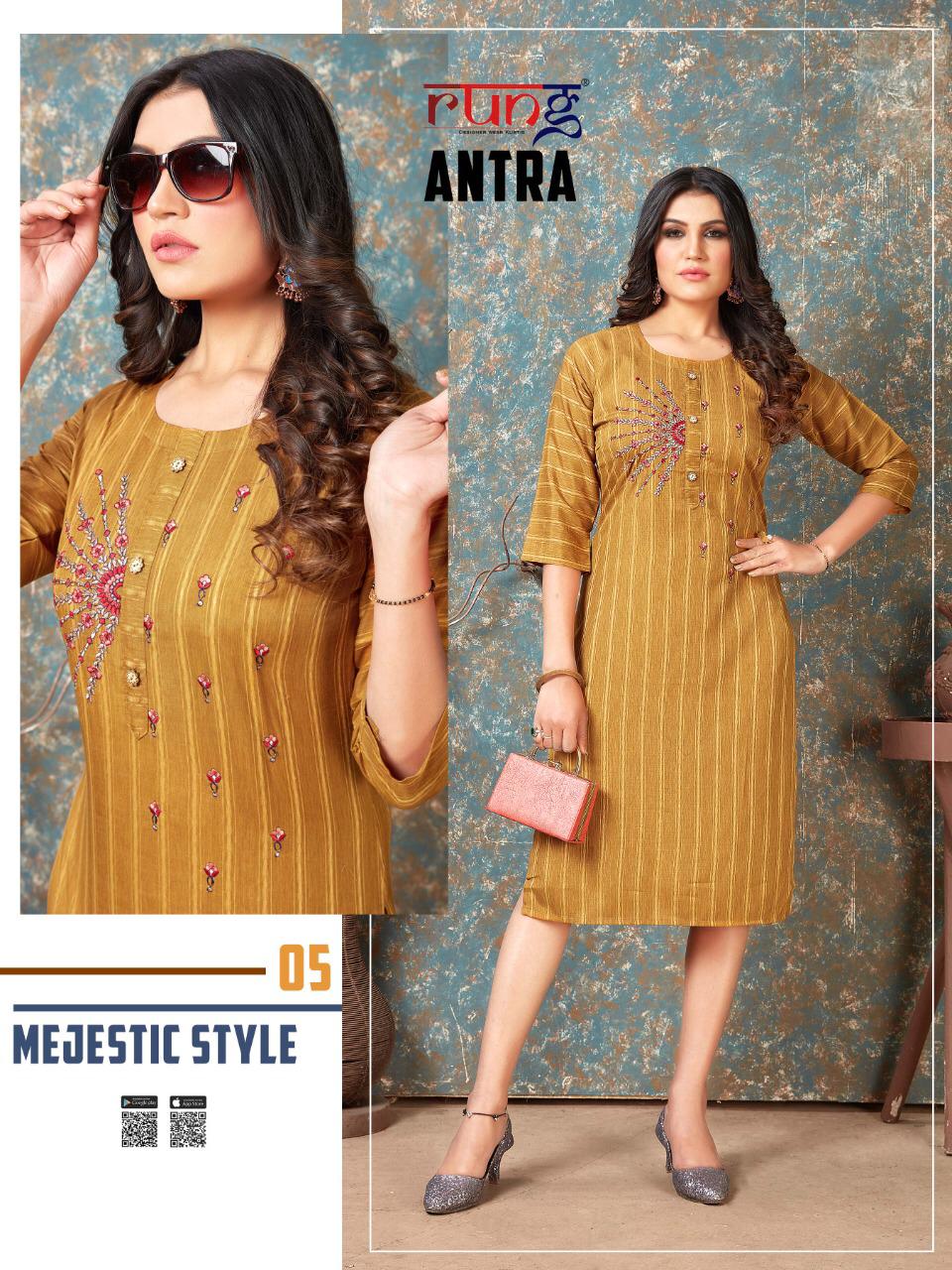 Rung Antra Latest fancy Designer Casual Wear Rayon With Embroidery Work Kurti Collection
