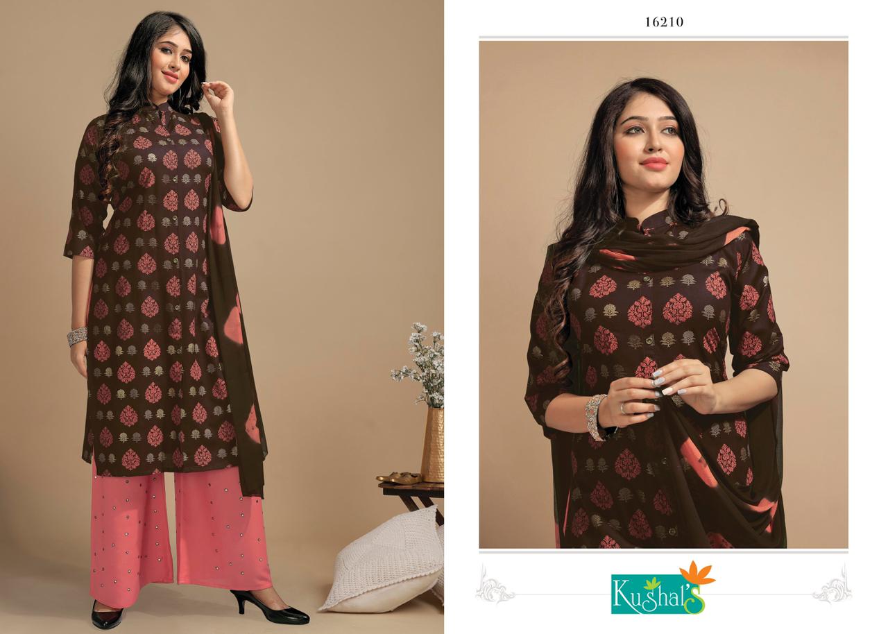 Kushals Meri Gold 3 Fancy Rayon Printed Regular Wear Kurti With Plazzo And Dupatta Collection