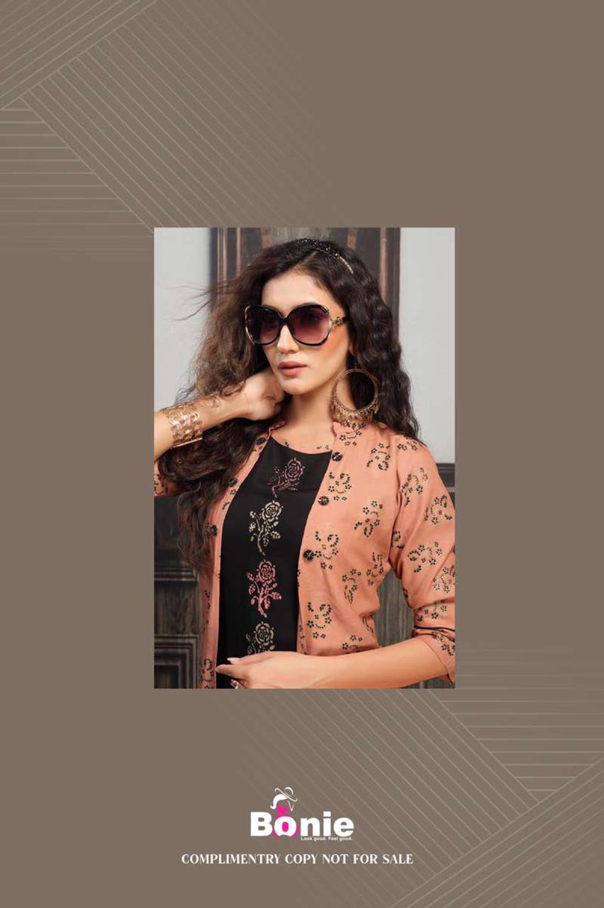Bonie Jacket House Fancy Party Wear Jacket With Skirt rayon Printed Kurtis Collection
