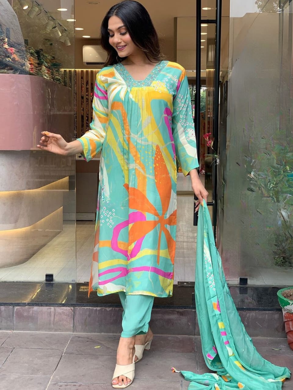 Kalaai Designer Viscose Silk Printed Kurti With Bottom Dupatta Suppliers In India