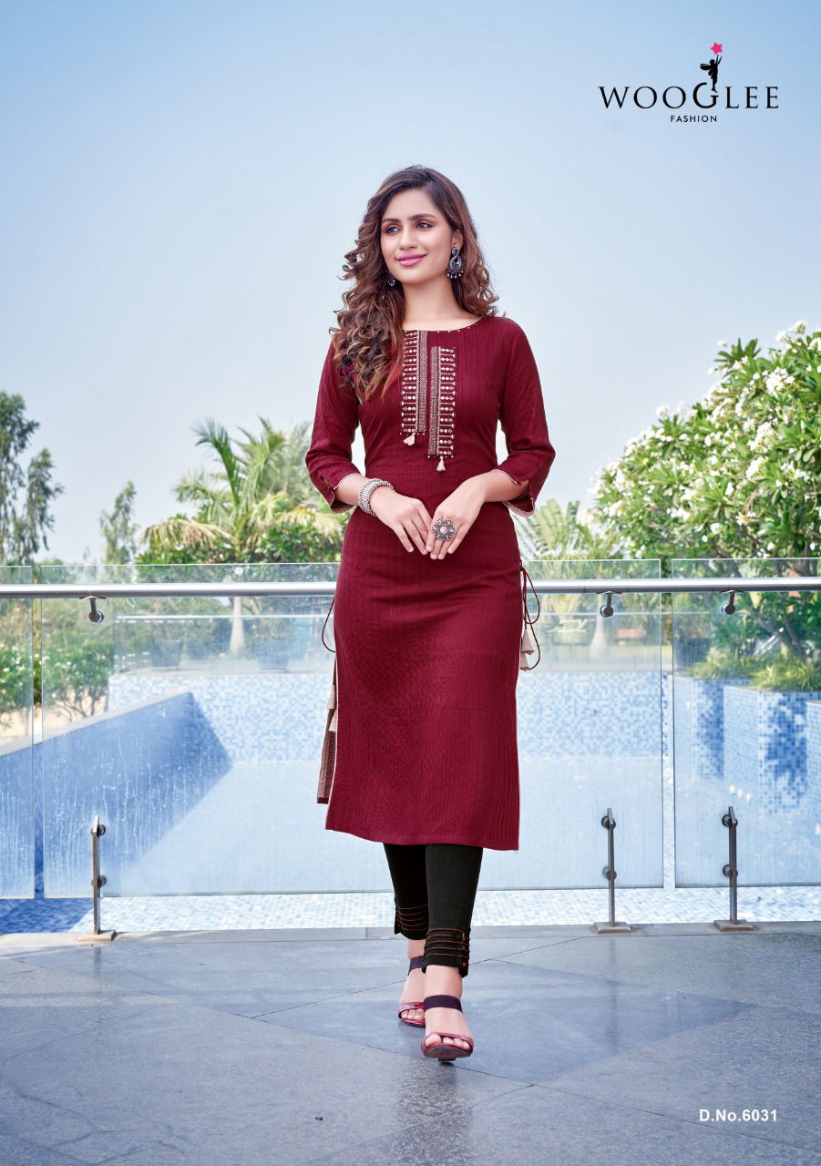 Wooglee Fashion Kesar Vol 4 Rayon Party Wear Weaving With Embroidery Hand Work Kurti With Pant Collection