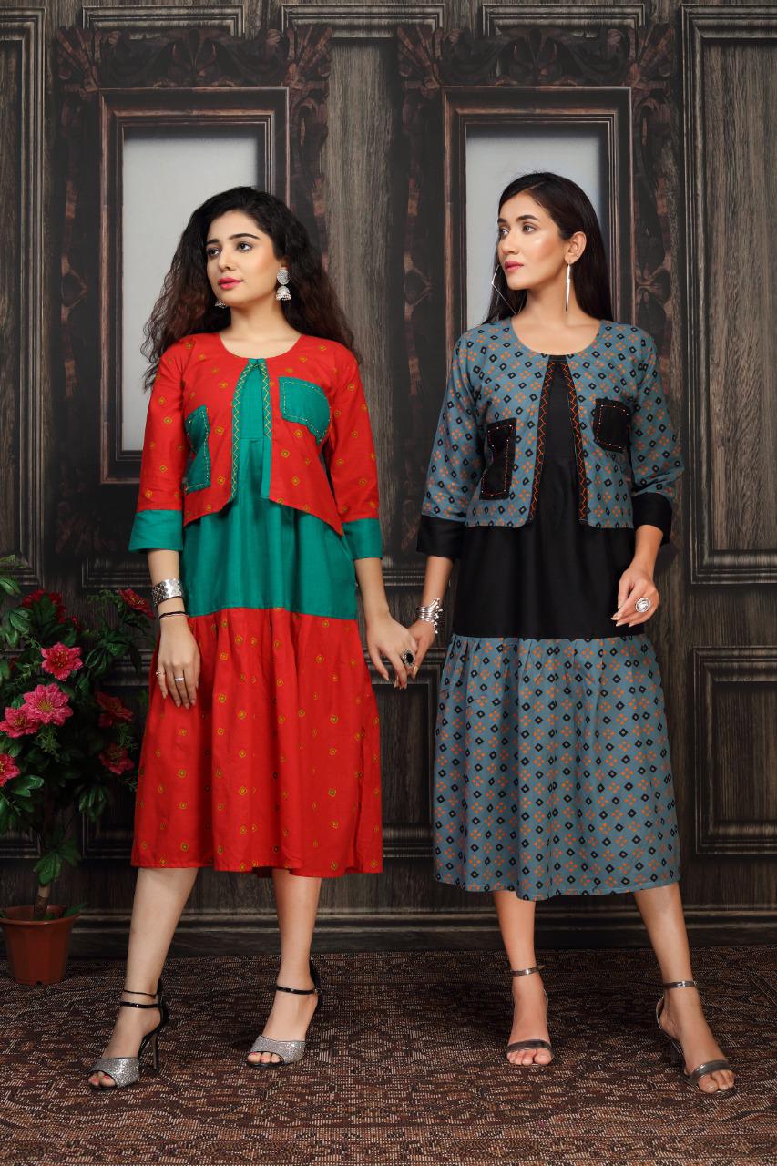 Kinti Nagma Printed Cotton Printed Designer Anarkali Kurti With Attached Jacket Collection
