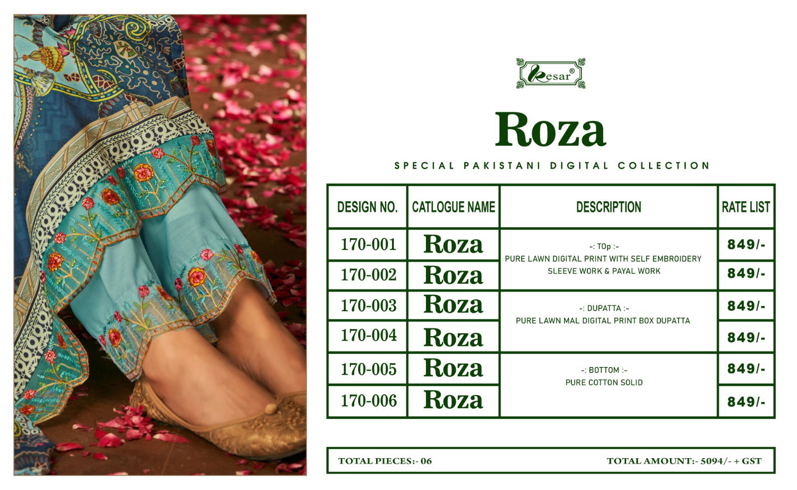 Roza By Kesar 170-001 To 006 Karachi Cotton Dress Material Catalog