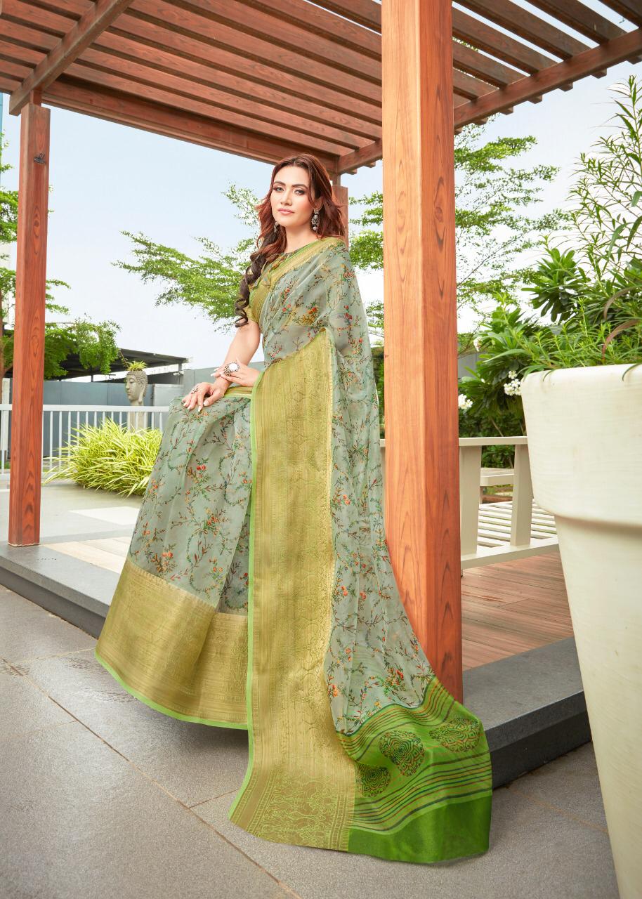 Shvetamber Peacock Kutthu Pattu Latest Designer Party Wear Stylish Digital Printed Organza Saree Collection 